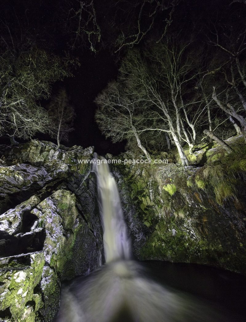 Linhope Spout waterfall at night near Ingram, Northumberland National Park, Northumberland